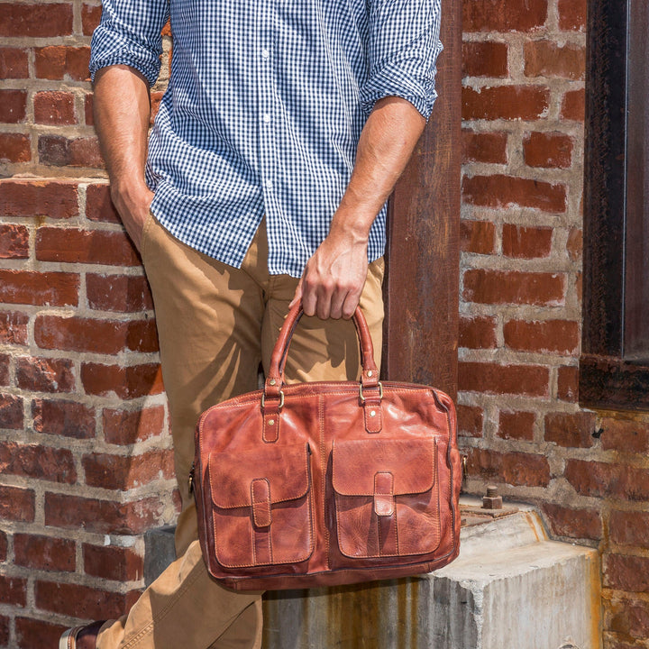 Genuine Washed Leather Laptop Bag with Adjustable Shoulder Strap & Multiple Pockets