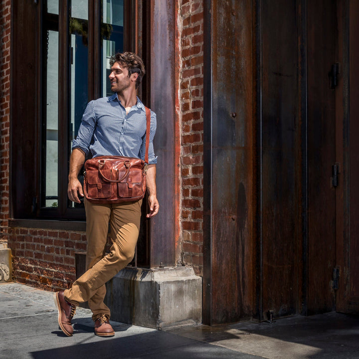 Genuine Washed Leather Laptop Bag with Adjustable Shoulder Strap & Multiple Pockets