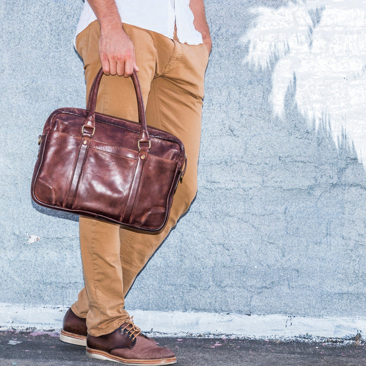 Genuine Washed Leather Shoulder Bag with Adjustable Strap & Laptop Sleeve