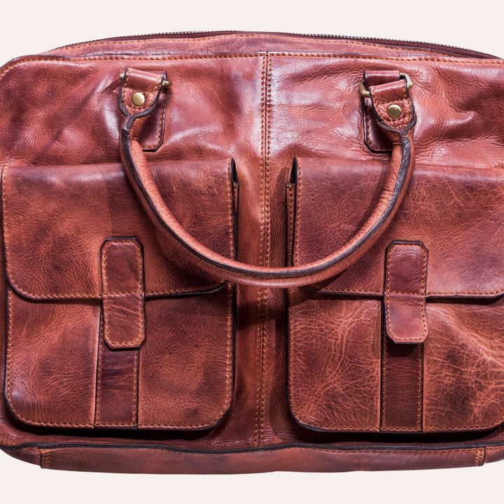 Genuine Washed Leather Laptop Bag with Adjustable Shoulder Strap & Multiple Pockets