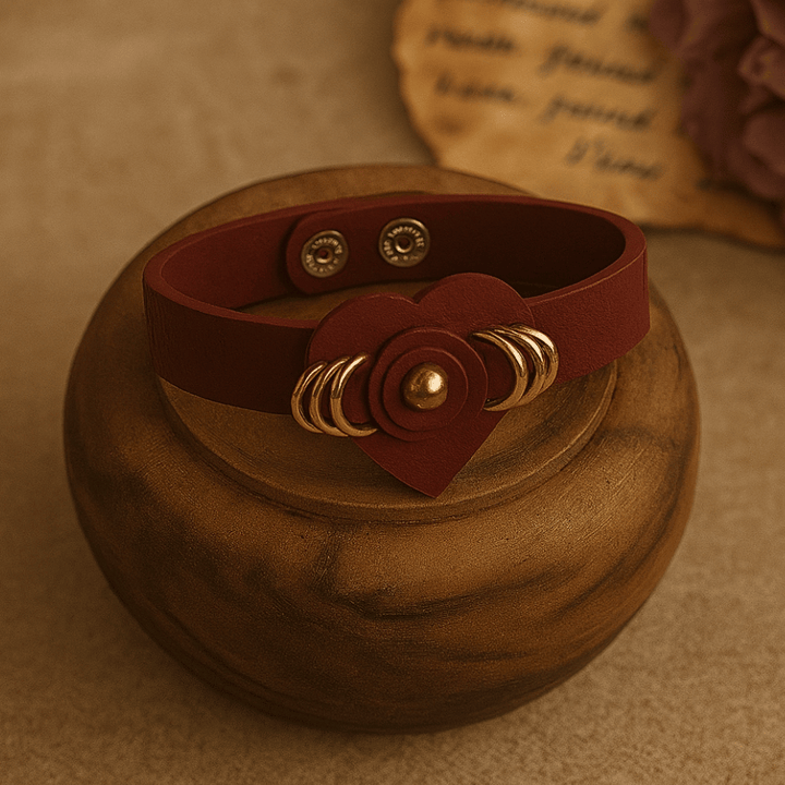 Brown leather bracelet with heart and gold rings on round wooden container